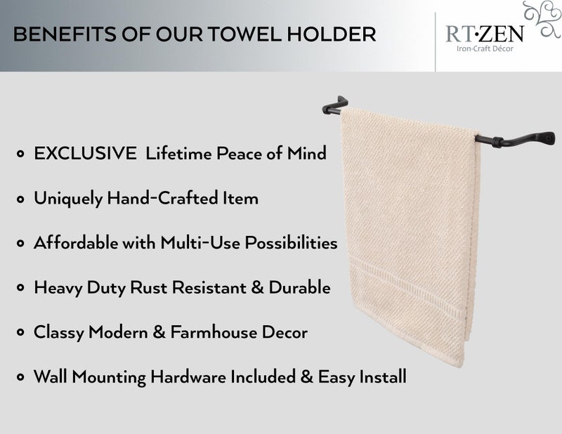 RTZEN Farmehouse Bathroom Towel Holder - Wrought Iron Matte Metal Black Towel Bar Wall Mount Rod - Handmade Home Decor Metal Kitchen Hanger Bar (17'' - Fits 14.5 Inch Towels) - Image 2